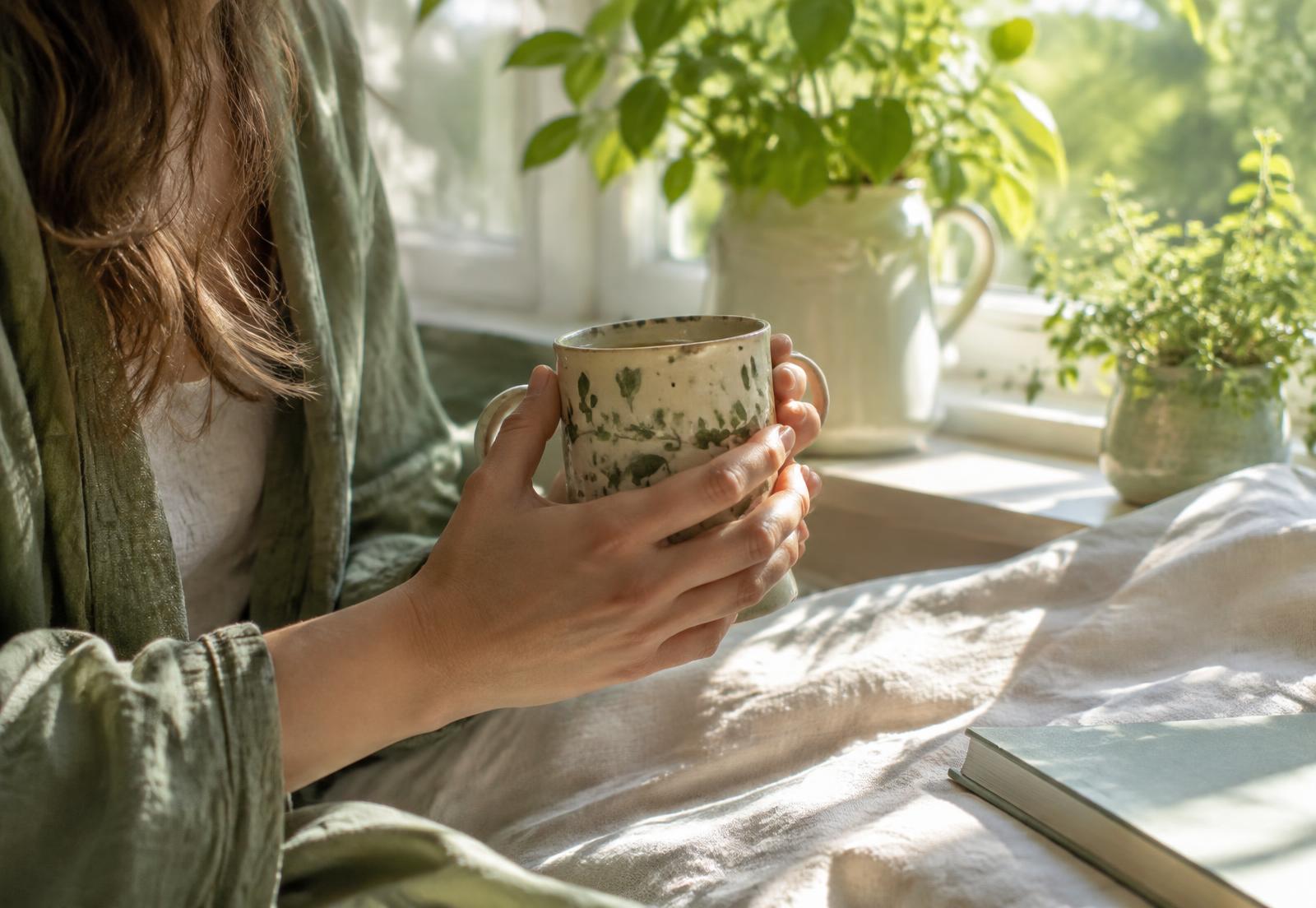Hands holding a warm mug beside a sunny window with green plants