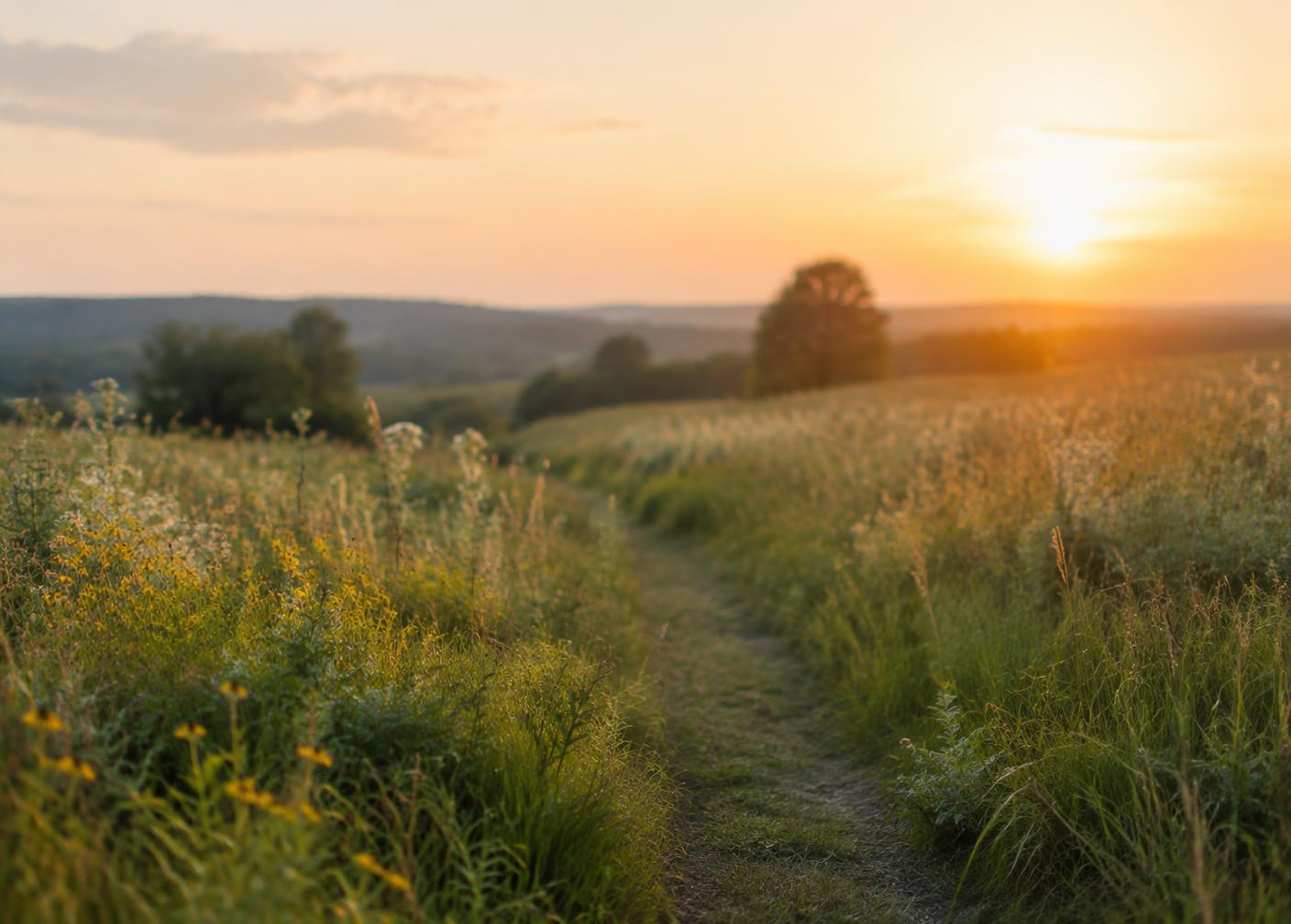 A grassy walking path through a meadow at sunset
